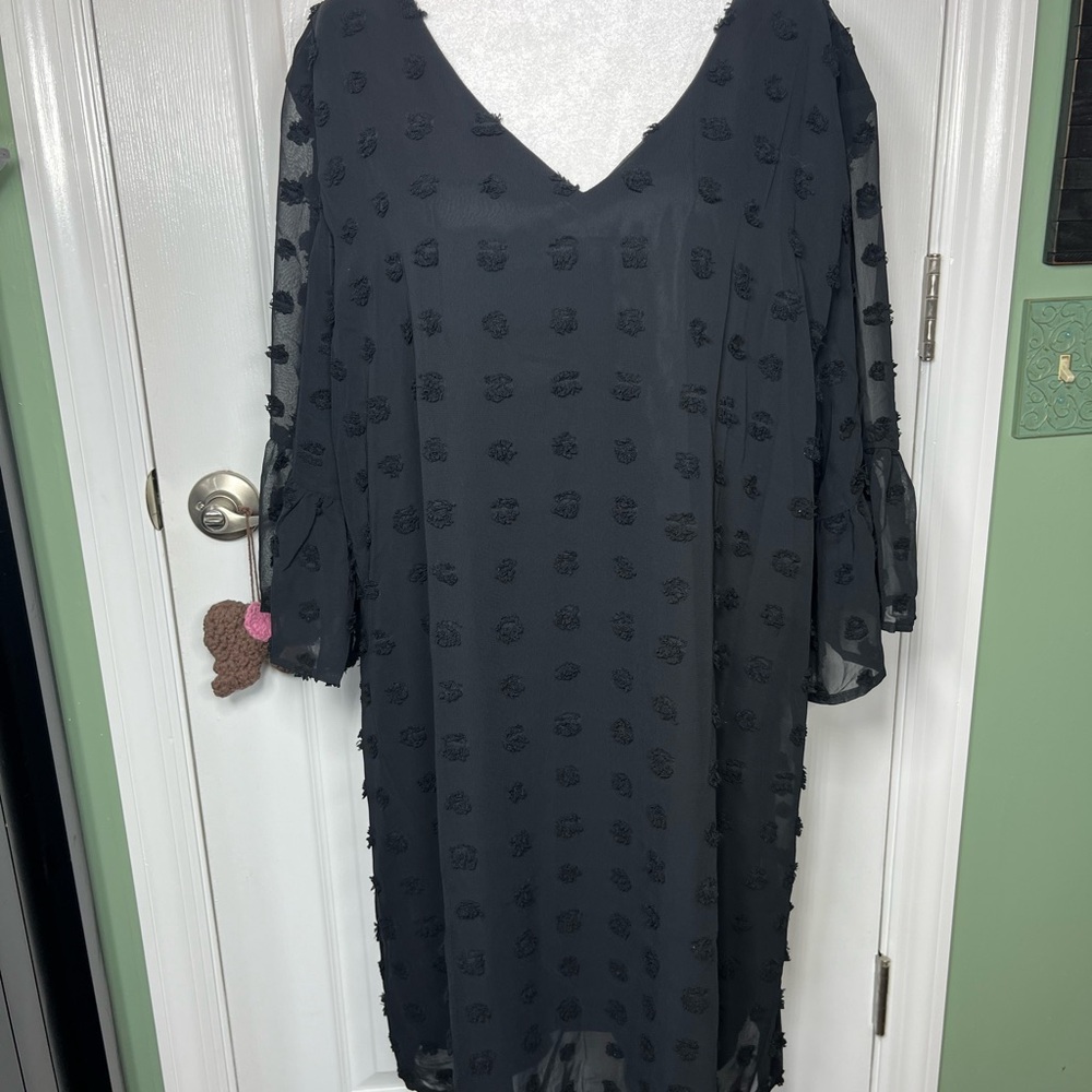 Womens Plus 3x (fits like 2-2.5x) Black V-neck Long Sheer Sleeves Dress